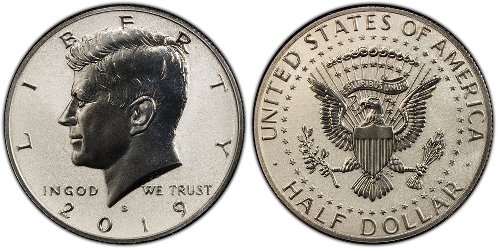 Side-by-side comparison of 2019-P clad half dollar (left) and 2019-S .999 silver proof Kennedy half dollar (right) showing surface and edge differences
