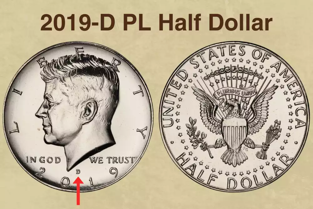 2019-D Kennedy half dollar Proof-Like variety showing mirror-reflective fields under directional lighting