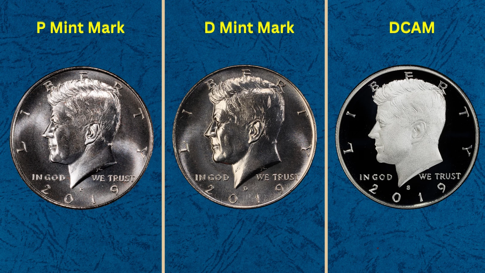 Group of 2019 Kennedy half dollar coins from original mint bag showing typical business-strike surface quality and varying luster